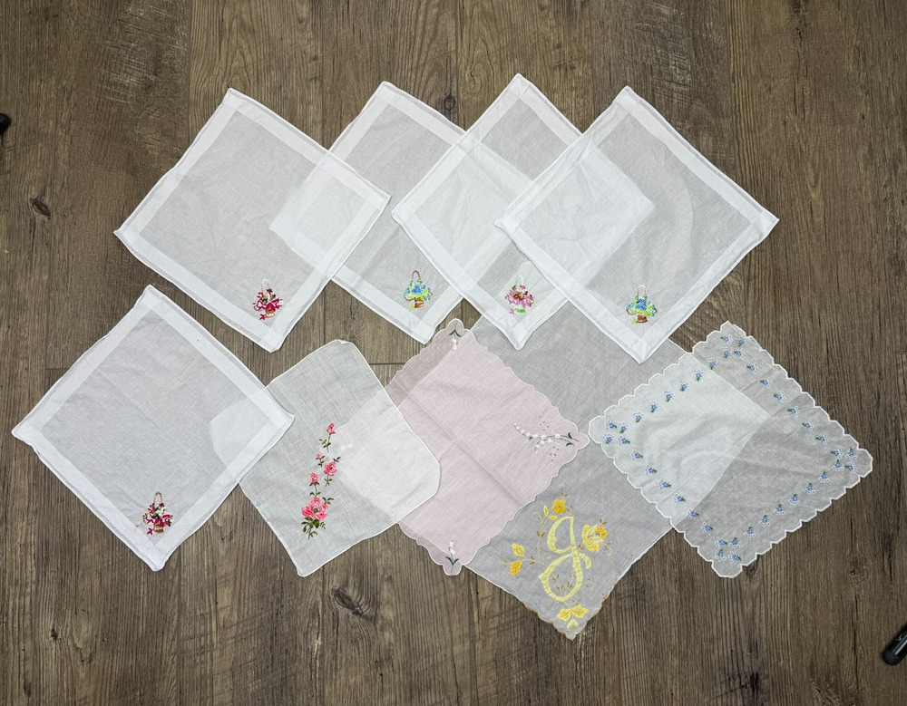 Mixed Lof of 9 Vintage White Handmade Embroidered Napkins Bridal Floral